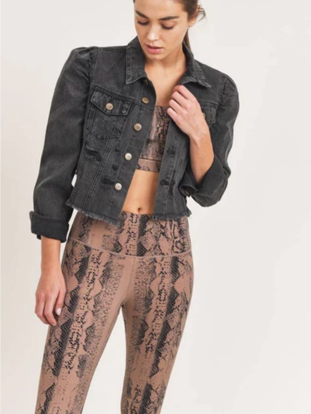 Mono B Black Distressed Cropped Denim Jacket Raw Hem Size Small NWT
